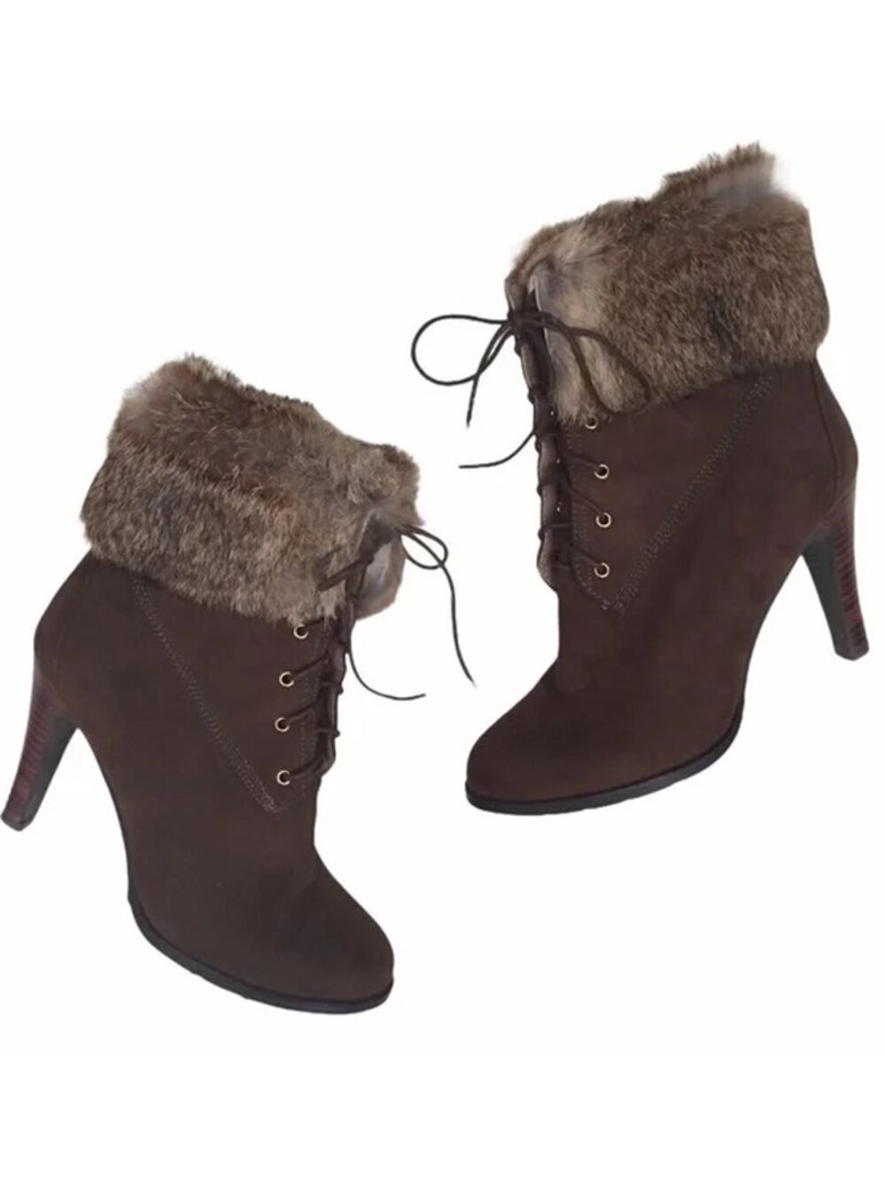 Emanuelle Vee Fur Boots Cuff Ankle Lace up Heeled Suede Boots